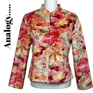 Analogy Coral Rust Floral Textured Print CottageCore Zipper Jacket NWOT Size LP